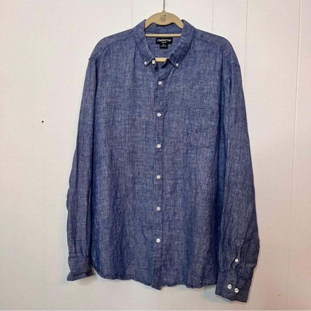 Claiborne 100% Linen Blue Long Sleeve Button Down Slim Fit Men's XXL Breathable